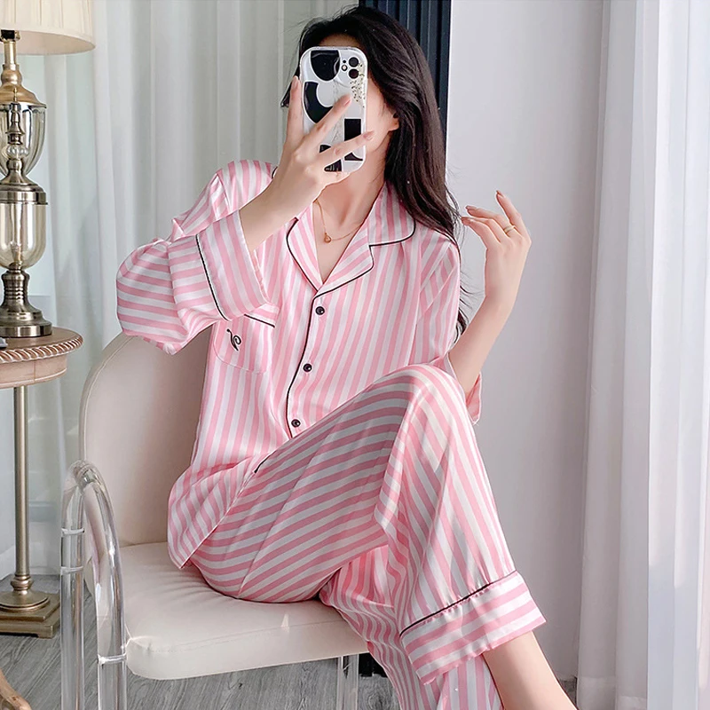 Pink Striped Pajama Set Loungewear Long Sleeves Pants Home Wear Women\'s Printed Lapel Sleepwear Satin Loose Casual Nightwear