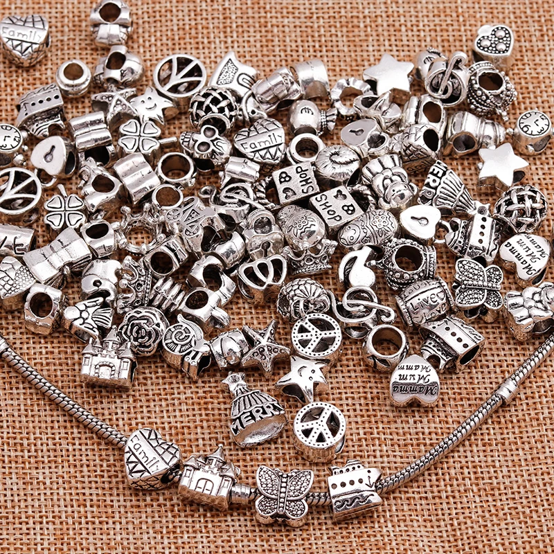 Leslie 25 Stück zufällige gemischte silberfarbene Legierungs-Charms-Perlen für Marken-Charms-Armbänder, Halsketten, mehr als 1000 Stile – Detail 5