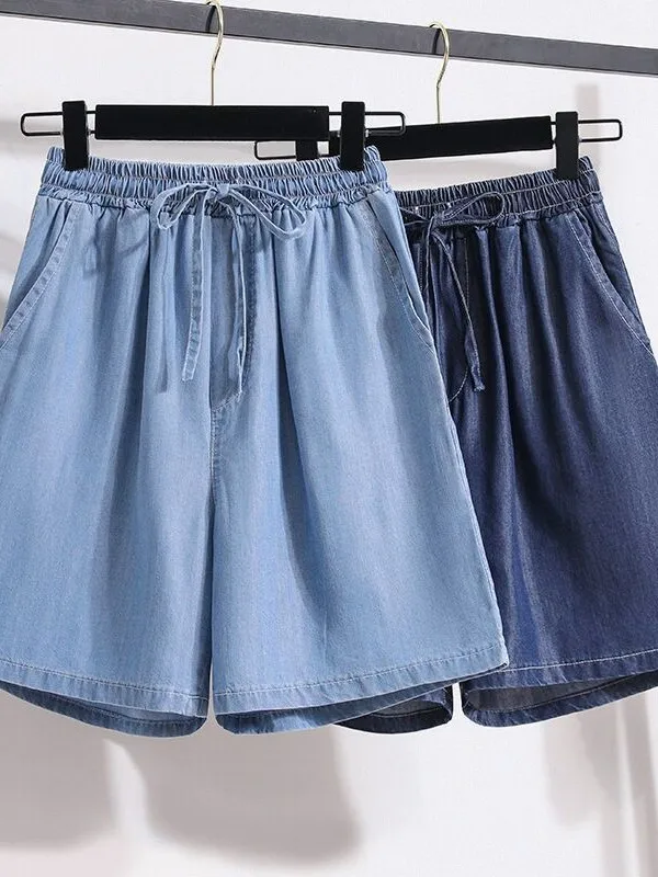  Denim Short Pants Women Summer New Style Thin Ice Silk Casual Five-Quarter Loose Wide Leg High Waist A-Line Hot Pants ...