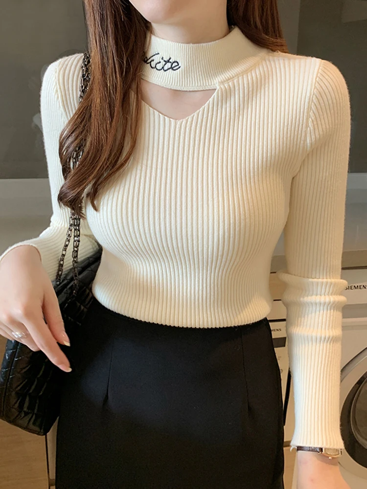 Letter Embroidery Hollow Out Mock Neck Women Sweater Autumn Winter Tops Slim Jumper Soft Warm Female Pullover Knitted Sweaters