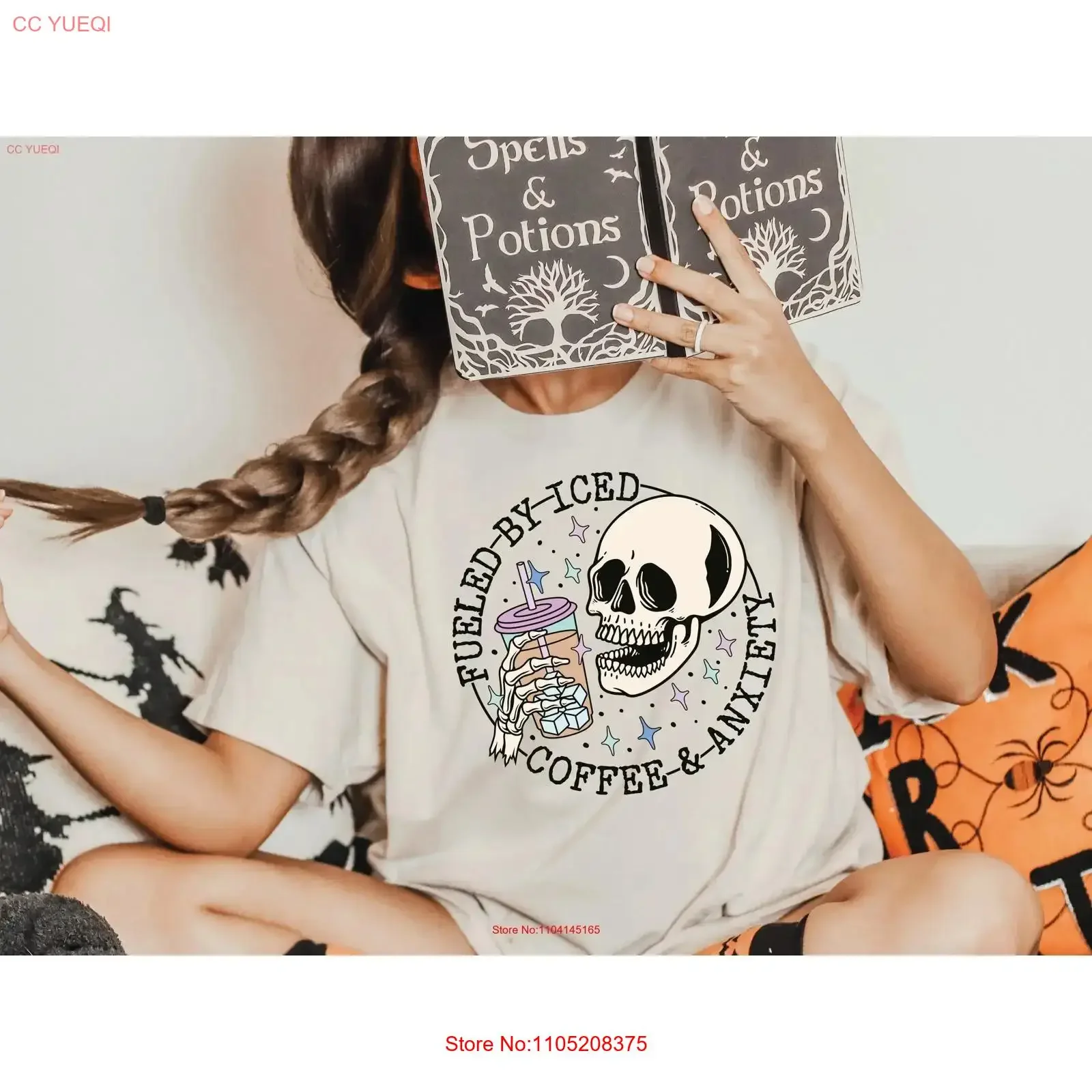 

Fueled By Iced Coffee And Anxiety T Shirt Lover Skeleton SweaT vintage Washed Unisex Top For Everyday Wear Slightly