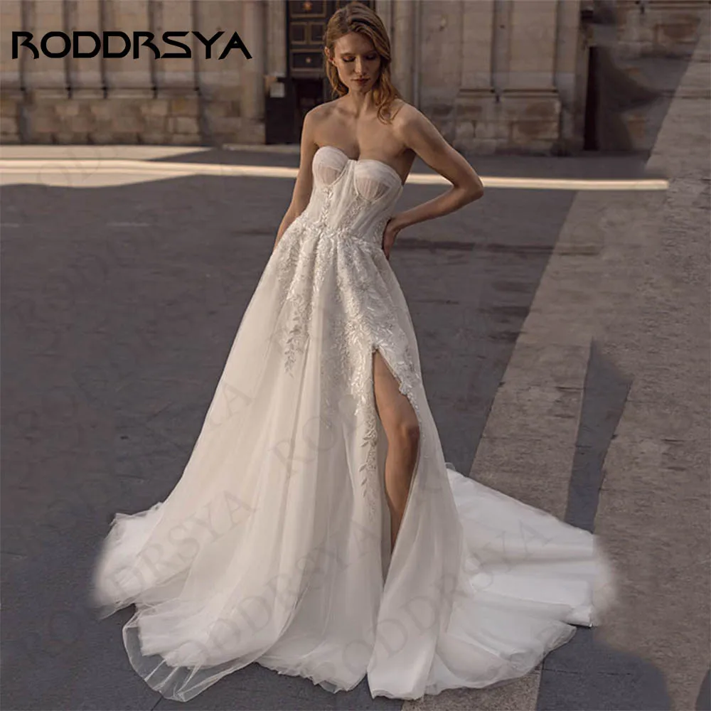 Roddrsya Brautkleid für Frauen eine Linie Applikationen Brautkleid Split ärmellosen Strand Tüll plus Größe sexy Vestidos de Novia Hochzeitskleid für Frauen 2024 A Line  Appliques Brautkleid Split ärmellos  Strand Tüll