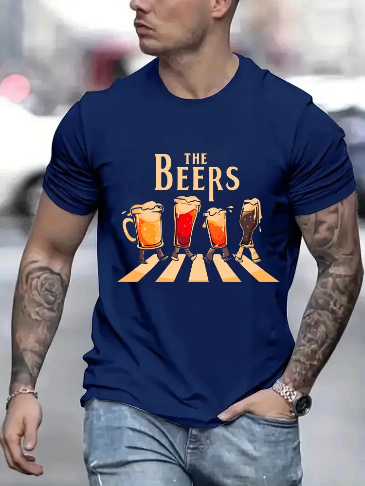 Male Dazzling Cool 3D Printing Beer Pattern O-neck Tight Fitting Short Sleeve Regular Fit Leisure Clothing T Shirt For Men Tops