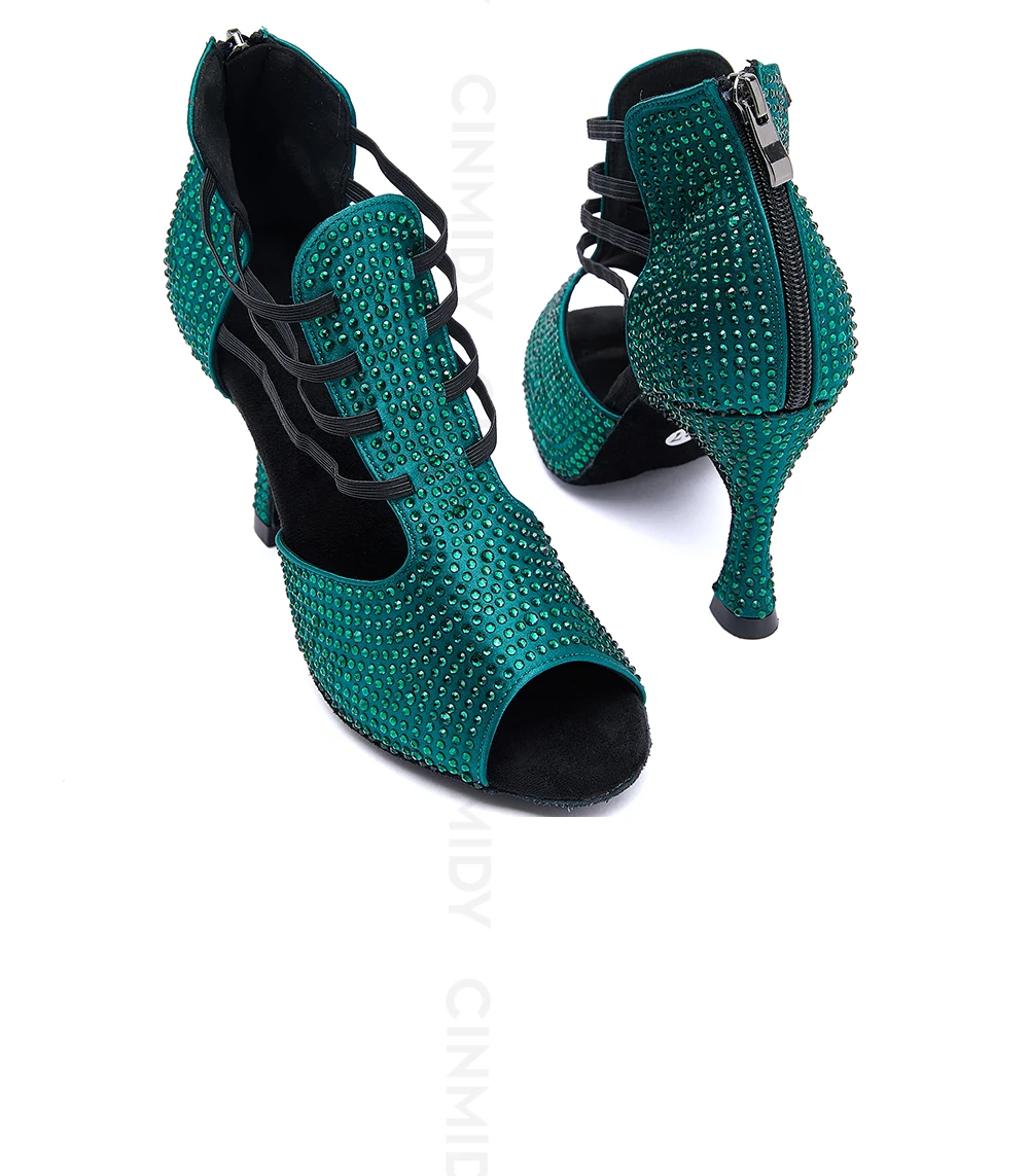 CINMIDY Schwarze Latein-Tanzschuhe für Damen, Salsa-Tanzschuhe mit Strass, Weiche Sohle, Ballsaal-Tanzsandalen, Party-High-Heels – Detail 16