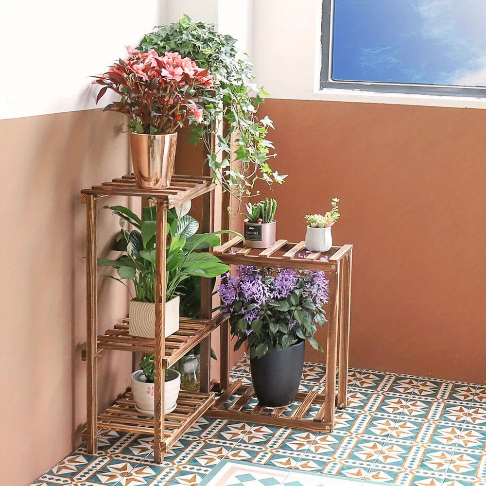 Well-arranged Wood Plant Stand Holder Flower Display Rack Indoor Outdoor Corner