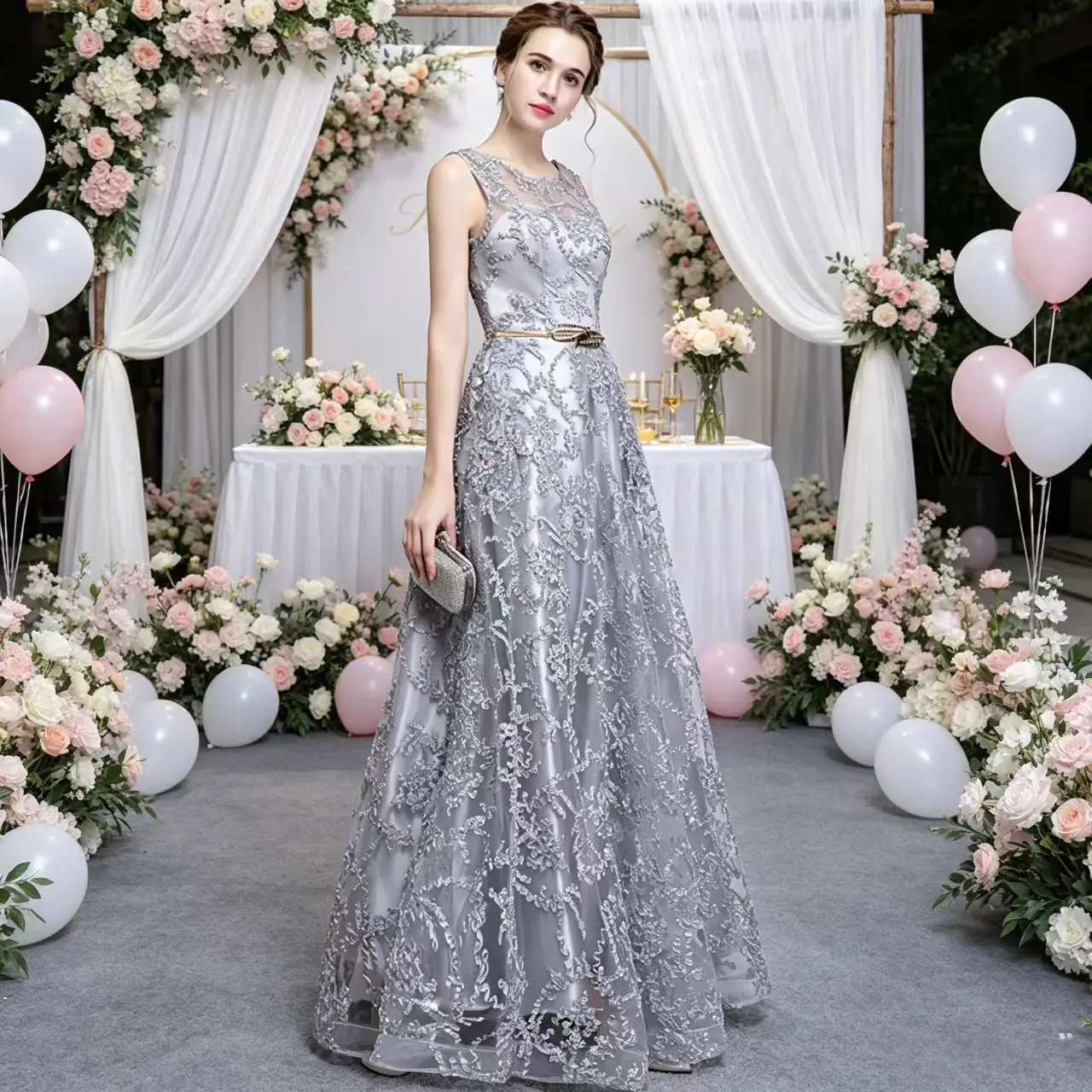 

Sleeveless Lace Evening Dress Gold Belt A Line Long Formal Wedding Party Prom Bridesmaid Gown Gray Champagne Burgundy