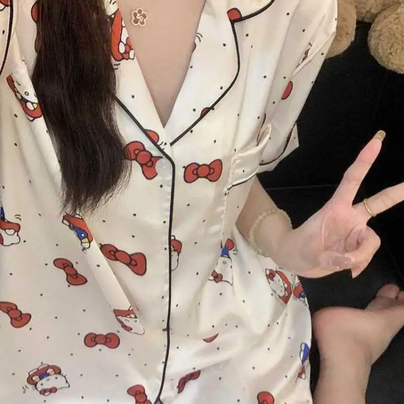 2Pcs Miniso Kawaii Pyjamas Sets Hallo Kitty Eis Seidige Set Mädchen Sommer Kurzarm Nette Spitze Hause Kleidung Außerhalb Tragen geschenk