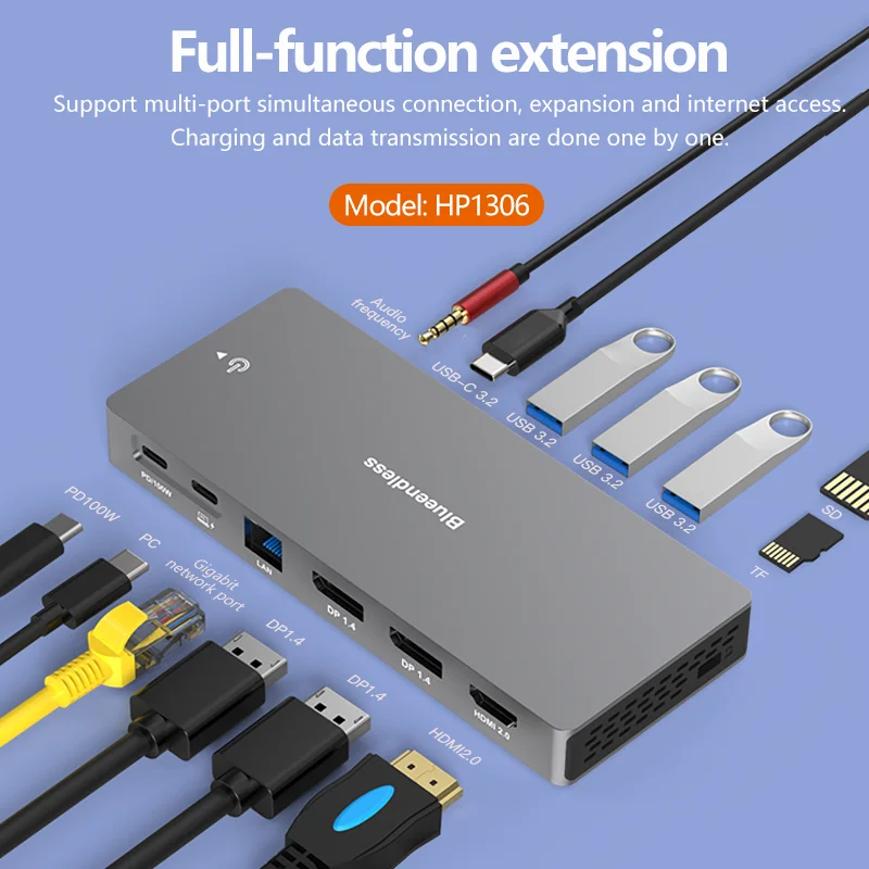 محطة إرساء USB-C بلا حدود ، 4K ، بطاقة HDTV للقراءة ، محول من النوع C ، شاحن PD W ، مقسم ، RJ45 ، DP ، USB ، Multi HUB ، 13 في 1