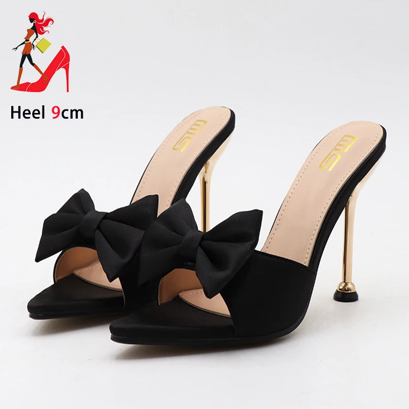 

Модные дизайнерские атласные сандалии с бантом, женские туфли на высоком каблуке с острым носком, элегантные женские летние шлепанцы без шнуровки на шпильке