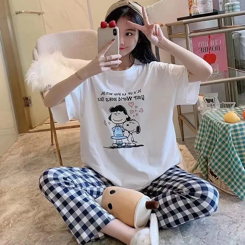 Kawaii Cute Snoopy Sanrio Hellokitty Pooh Bear Minnie Pajamas Short Sleeved Pants Set Cartoon Home Wear Soft Girl Birthday Gift