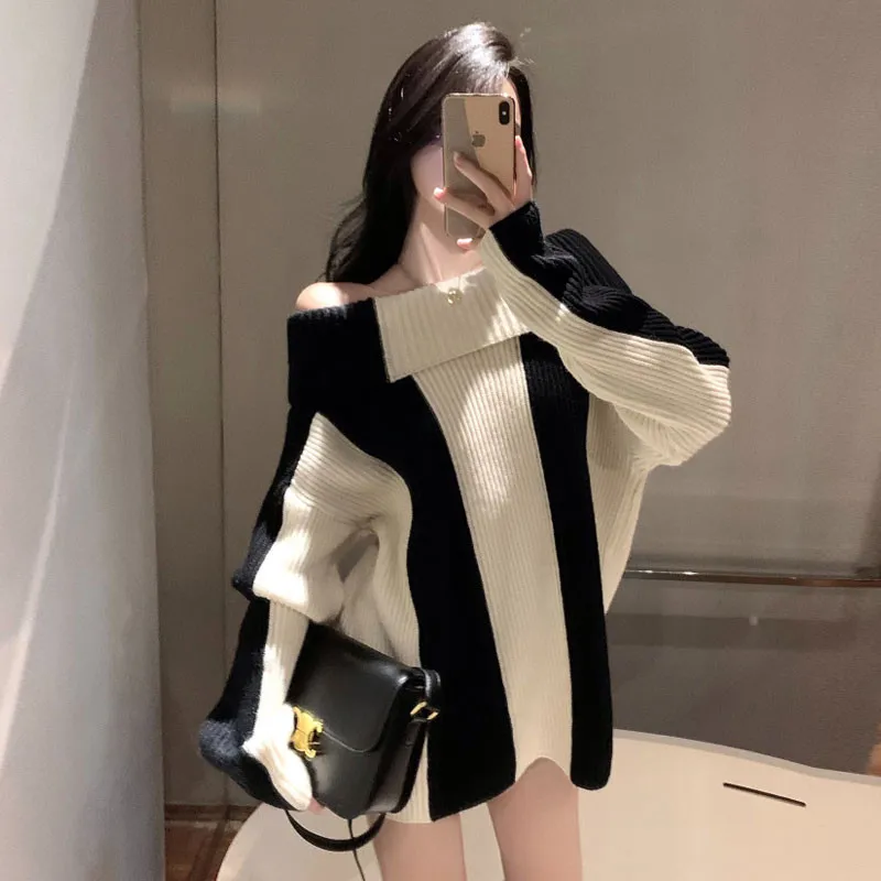 

Lazy Oversize Fashion Sexy Off Shoulder Sweater Jumper Black White Striped Long Sleeve Slash Neck Knit Pullover Bottoming Top