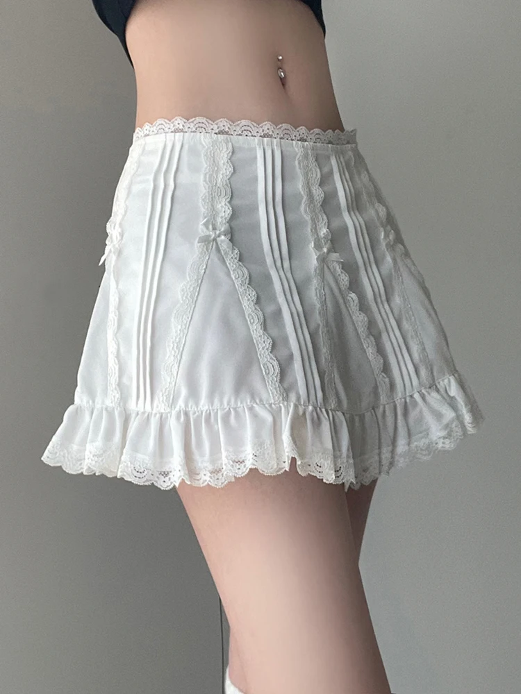 Weekeep y2k Cute A-line Mini Skirt Streetwear Loose Lace Patchwork Solid White Basic Skirts Women Outfits Y2k Aesthetic Clothing