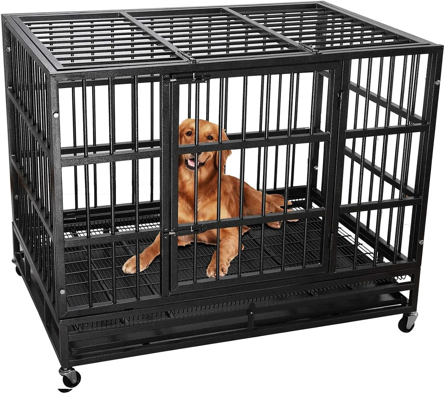 

48/38 inch Heavy Duty Indestructible Dog Crate, Escape Proof Dog Cage Kennel with Lockable Wheels,High Anxiety Double Door Dog