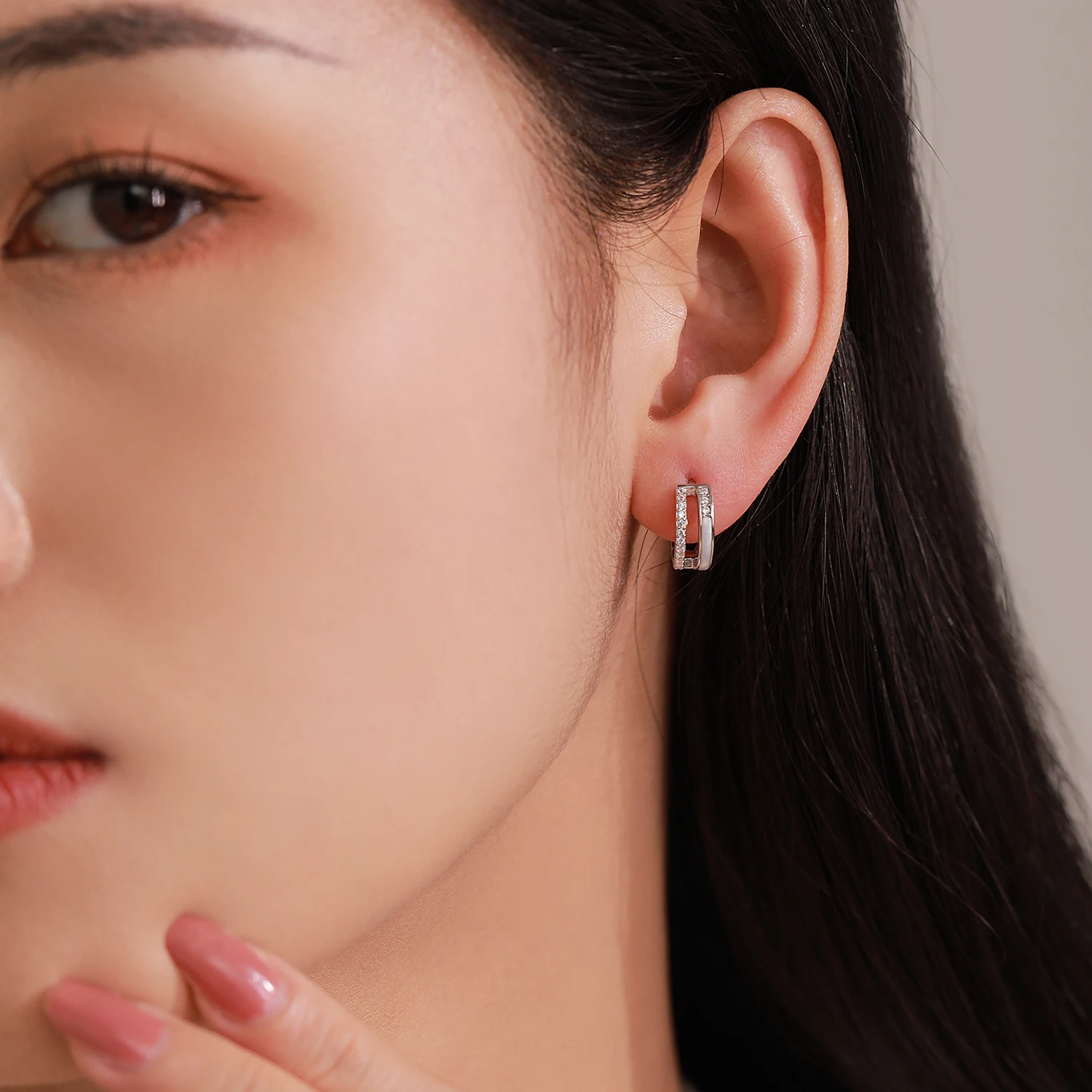 Ailmay 925 Sterling Silver Double layered Line Design Hoop Earrings for Women Simple Design Ring Statement Jewelry Party Gift