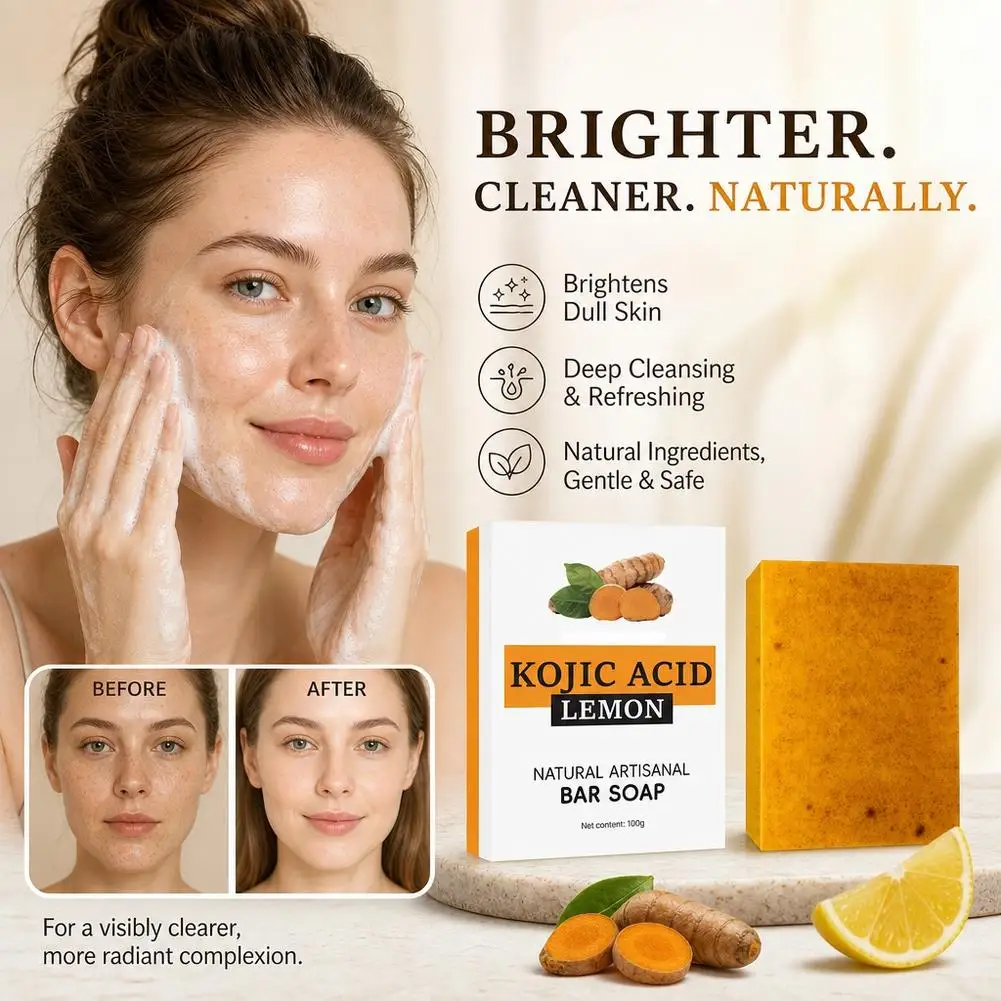 Kojic Acid Turmeric Soap Lemon Brightening Soap Cold Process Organic Handmade Bar Soap For Face Body Dark Spot Care 100g