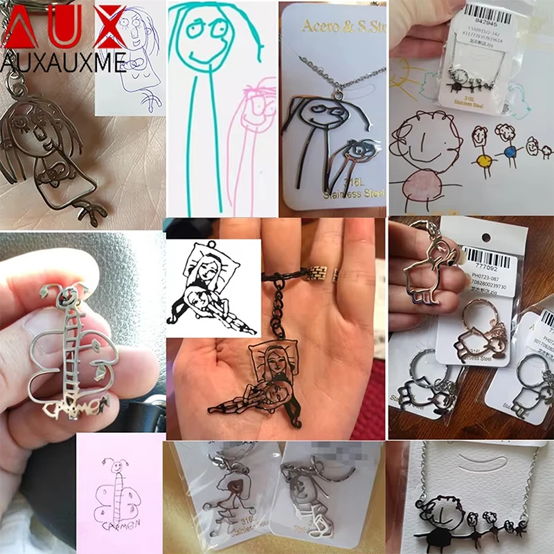 Auxauxme Customized Drawing Necklace Stainless Stee Custom Children\'s Artwork Pendant for Kids Mom Family Jewelry Gifts