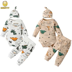 3PCS Newborn Baby Boy Clothes Set Cute Dinosaur Printed Knitted Romper Top + infant Pants + Cap Spring Autumn Outfit for Boys