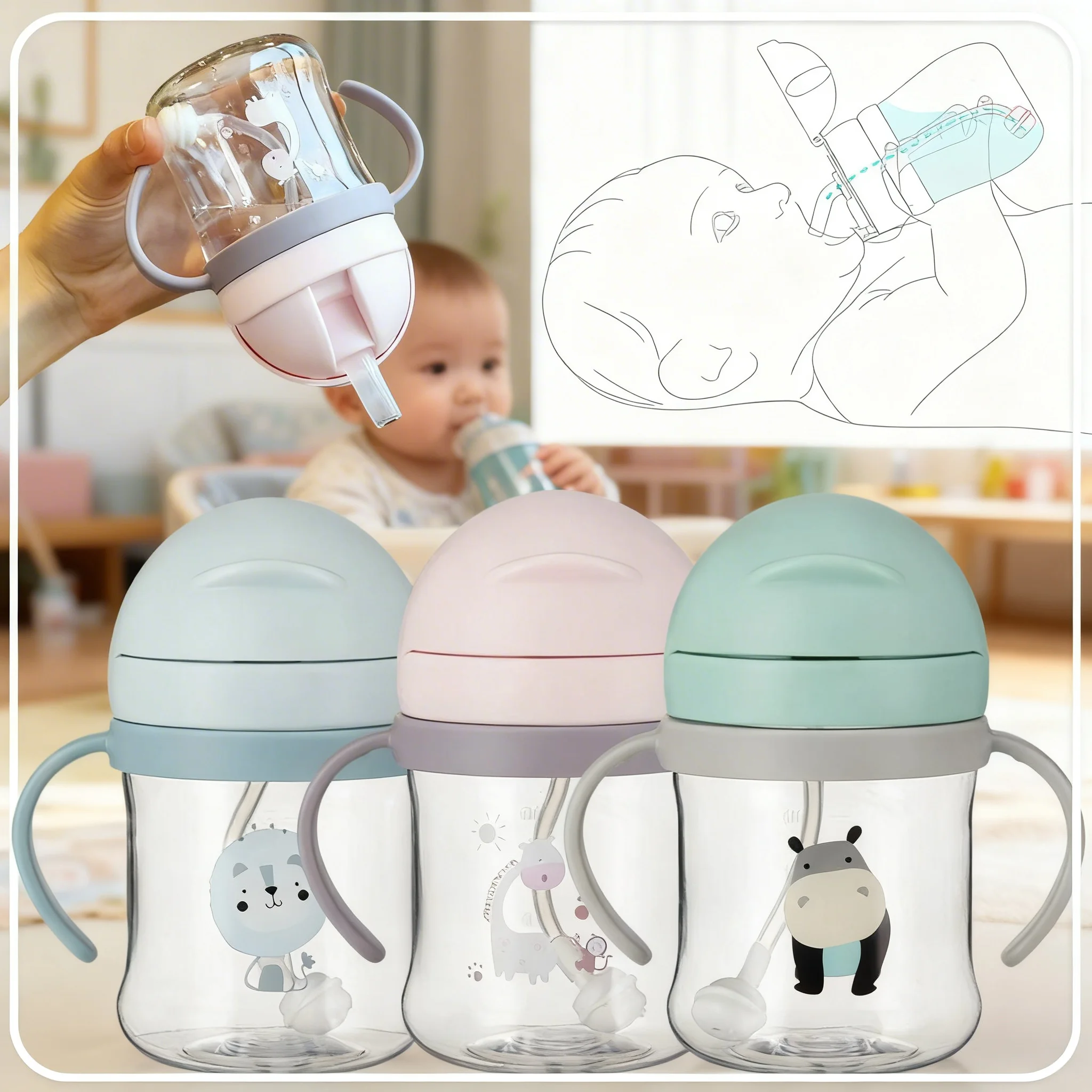 

1/3pcs straw cup Cute cartoon bottle Baby water bottle Children's bottle Animal print training cup Boys and girls Inverted water