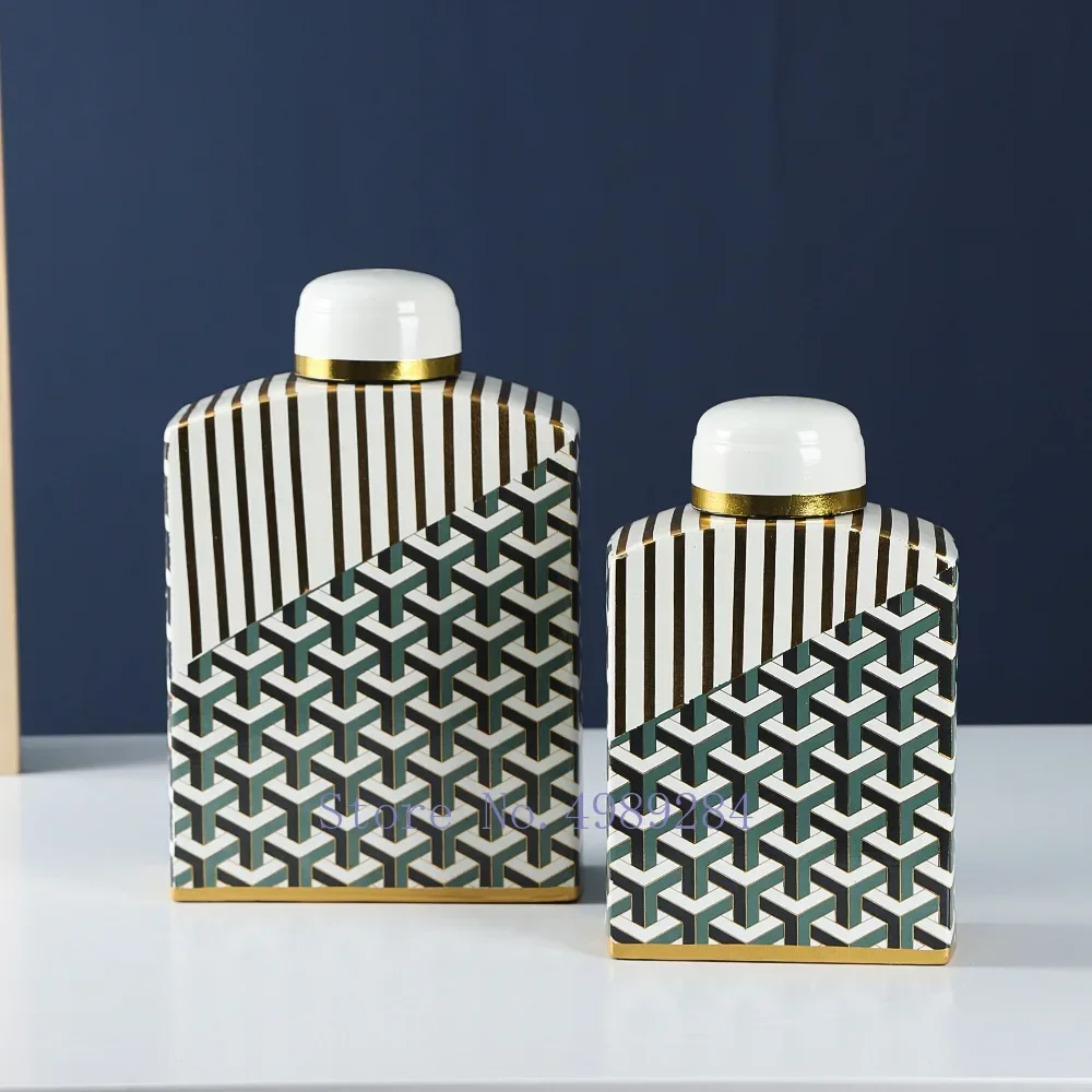 Creative Ceramic Jar Square With Cover Vase Geometry Handicraft Furnishings Golden Retro Ceramic Decorative Jar Home Decoration