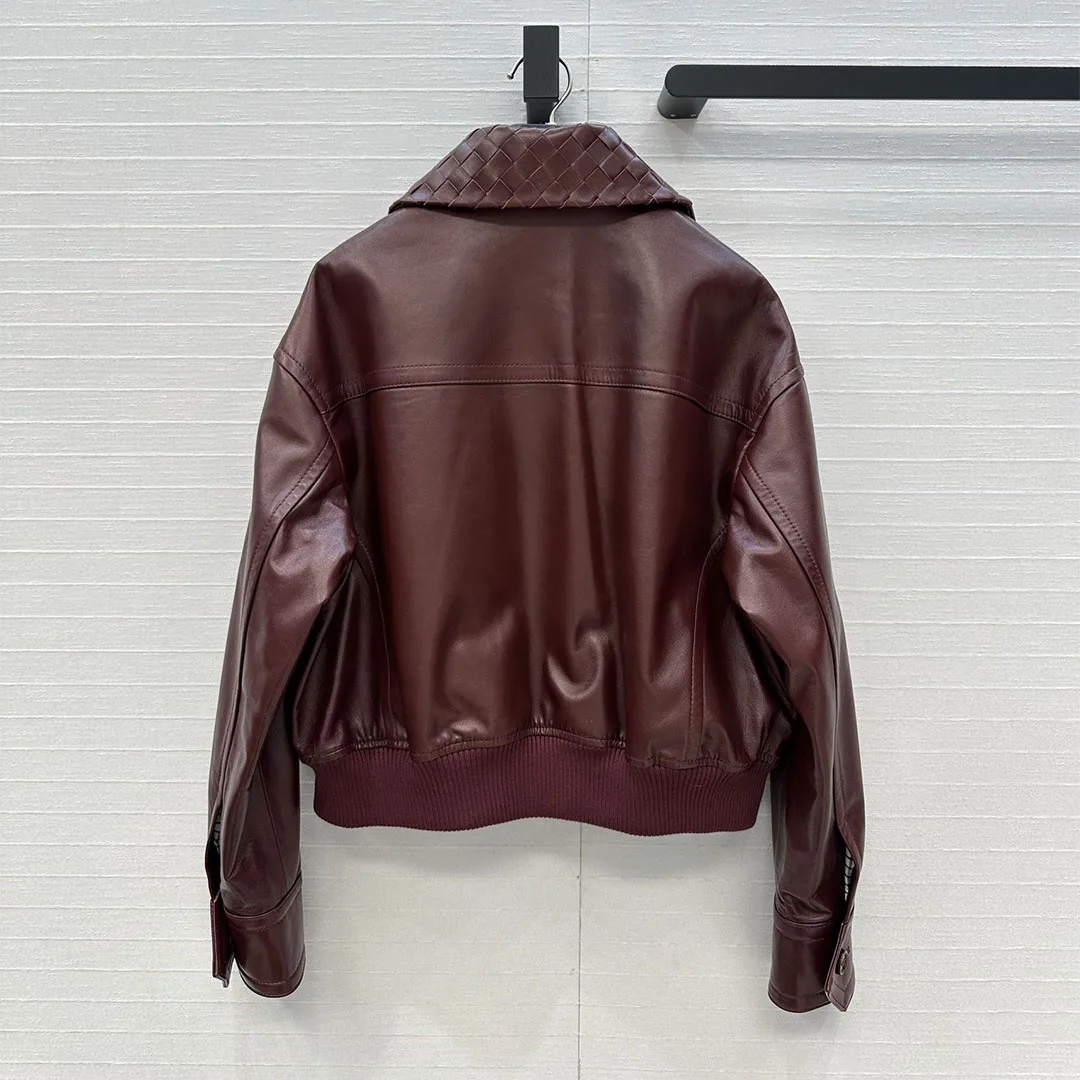 

Vintage Reddish Brown Luxury 100% Sheepskin Leather Coat Women Crochet Lapel Zipper Long Sleeve 2026 New Spring Autumn Jacket