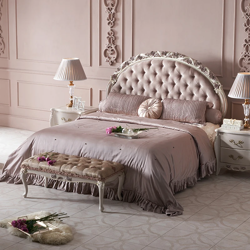 !@Luxury Hand-carved White and pink French Style Elegant Bed Room Furniture Princess Room Double Bed king Size Bed