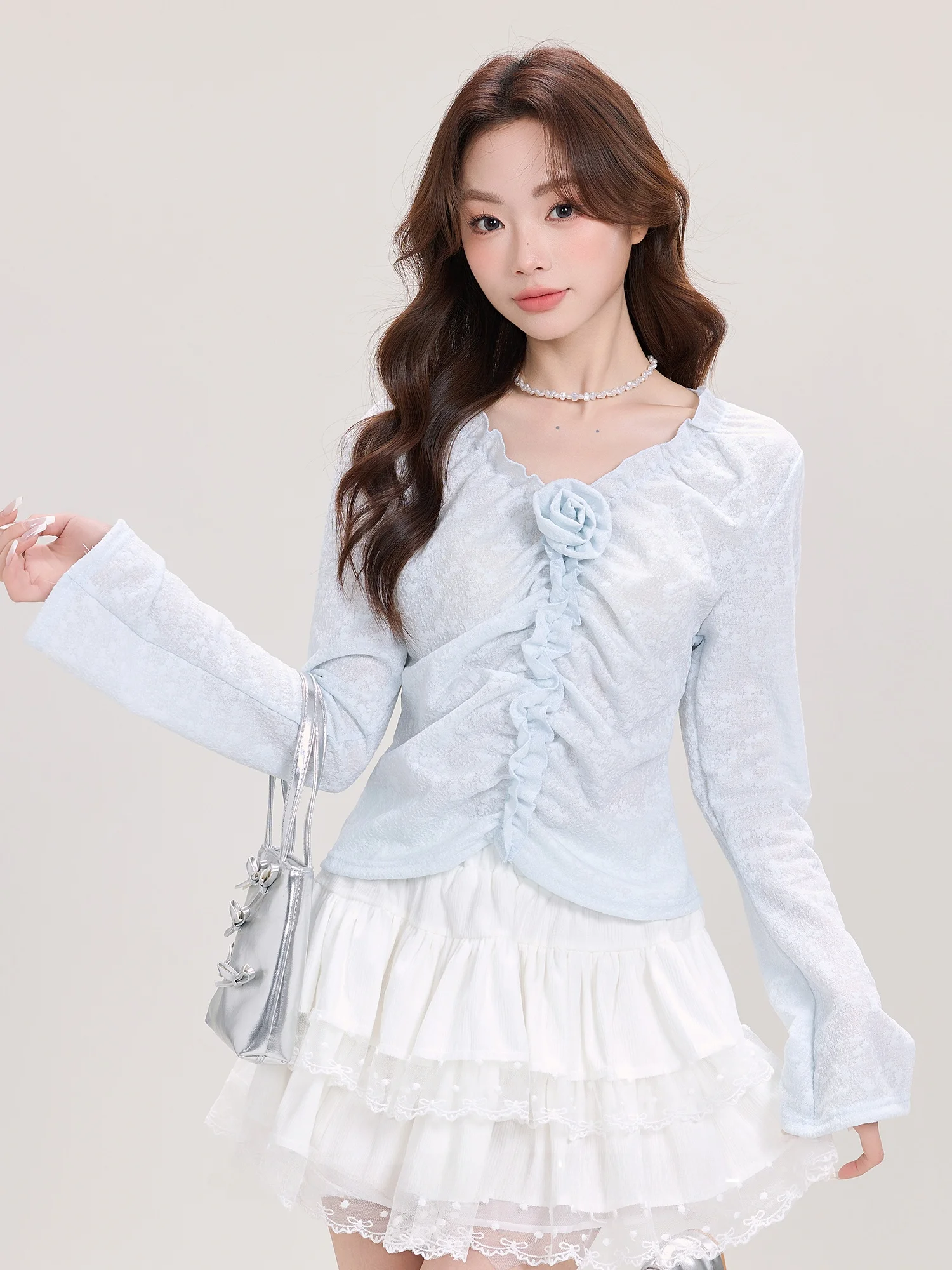 

Sweet Sle 3D Rose Print V-ne Long Sve irt Women's Slim Fit Spring Faion Design Casual Sweet Sle Top