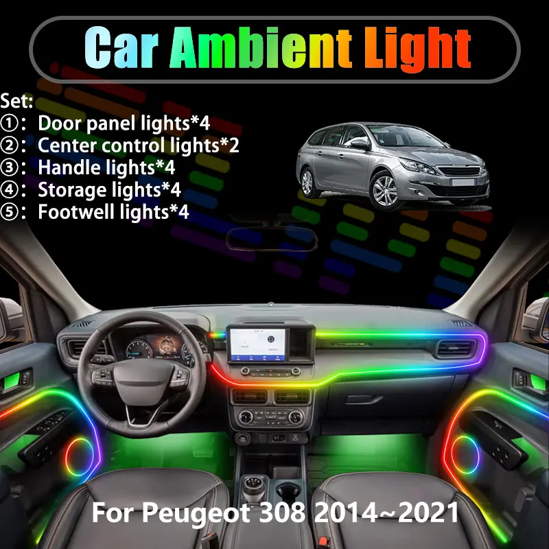 

Для Peugeot 308 2014~2021 S T9 MK3 2015 2/18 в 1: Комплект светодиодной подсветки салона и багажника USB RGB с эффектом потока
