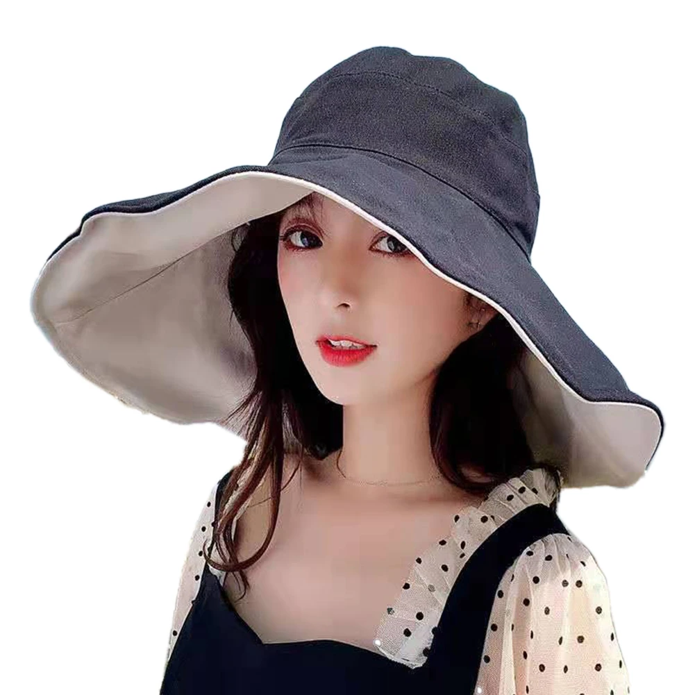 

Solid Color 15cm Extra Large Brim Sunscreen Fisherman Hat Women's Summer Double-Sided Sunshade Hat -1 piece