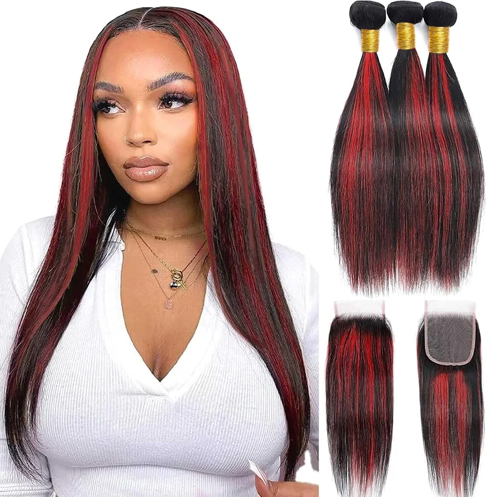 1B/99J Highlight Human Hair Bundles with Closure 12A Straight 99j Colored Human Hair Bundles With Closure Burmese Hair Bundles