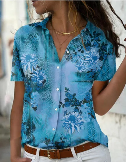 woman's Shirts Superior Quality spring/summer Floral Print Short Sleeve Fashion Ladies Tops Shirt Dropshipping WLBR34611