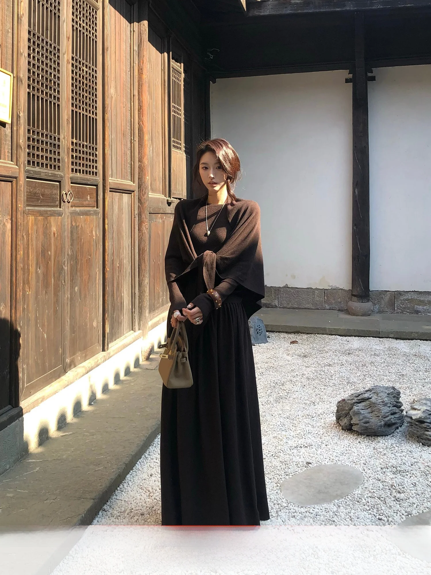 

KKABOVE Brown Oversized Knitted Slim Fit Long Sve oulder awl Outerwear Casual Sle Polyester Blend Tee Piece Set