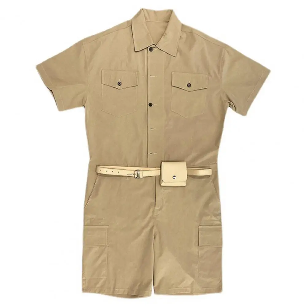 Male Fashion with Leather Belt Bag Men Cargo Overalls Streetwear Korean Rompers Pockets Short Sleeve Button Jumpsuits Women Men