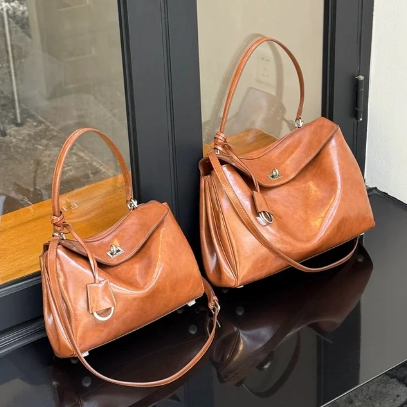 

Роскошная сумка через плечо, брендовая дизайнерская сумка из натуральной кожи, откидная крышка, портфель с замком в стиле ретро, высококачественная простая большая сумка, сумка через плечо