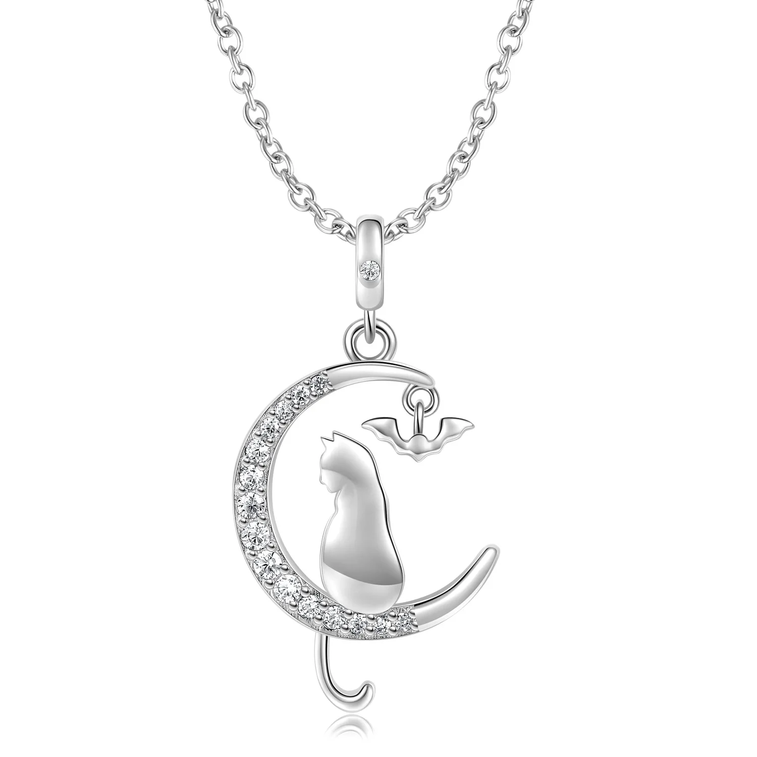 Simple Moon Cat Girl Fashion Versatile S925 Sterling Silver Platinum Platinum Inlaid Zirconium Necklace Cross-border Jewelry