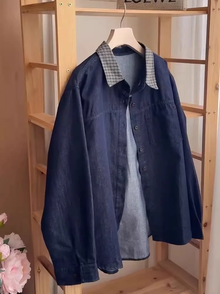 

Ретро-рубашка из денима с клетчатым воротником, женская свободная универсальная верхняя одежда, модный весенний брендовый топ на пуговицах в европейском стиле, повседневная рубашка