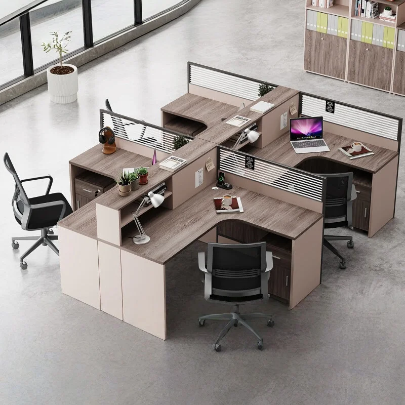 Modern Office Staff Desk L-Shaped 4 Positions Computer Desk Workstation Table for 4, 6  People. Employee Computer Table.promote