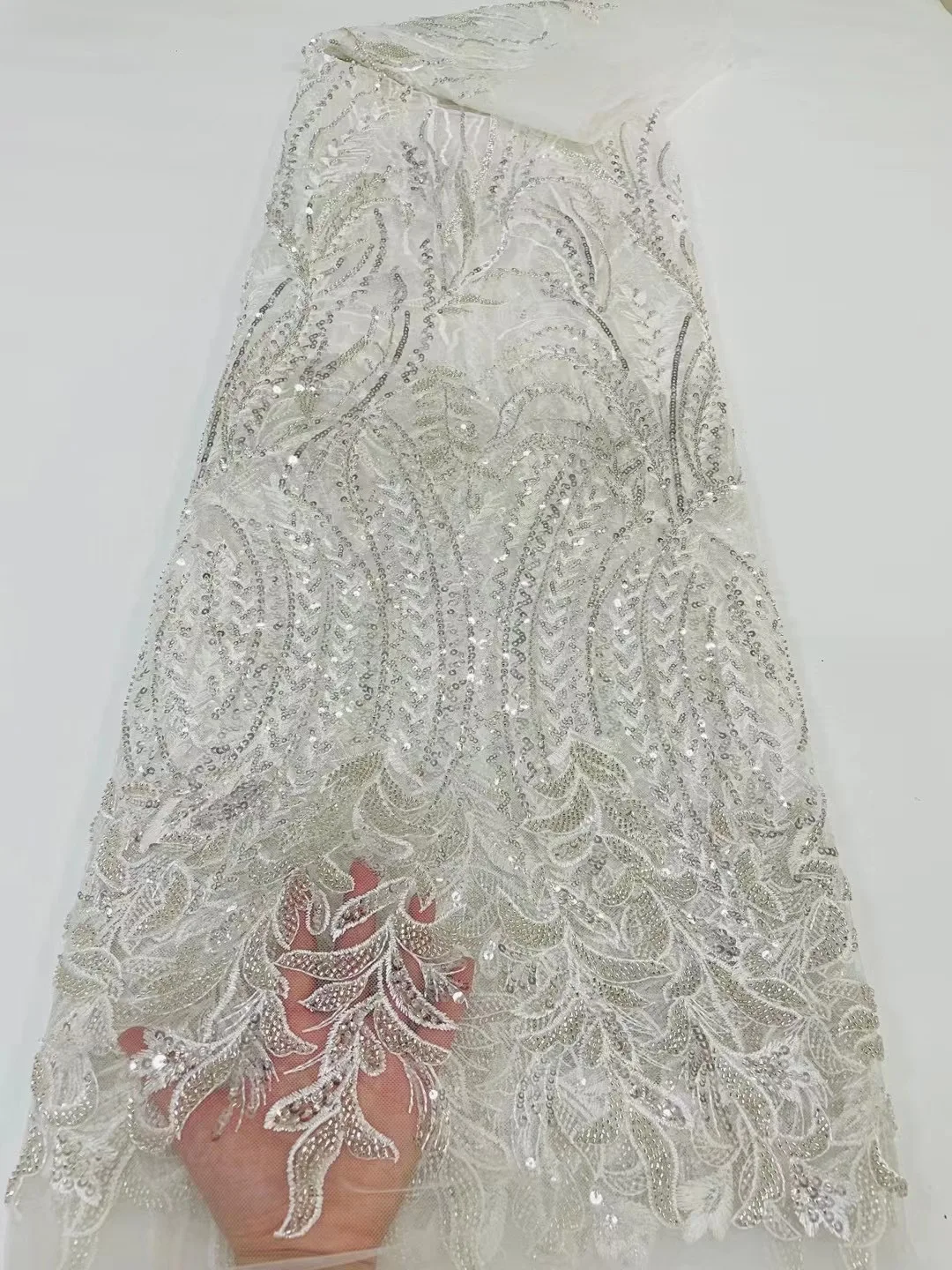 

Exquisite White Handmade Beaded Lace Fabric Embroidery Frenc Bride Wedding Dress Tulle Lace Fabric Nigeria Sequins Lace Material