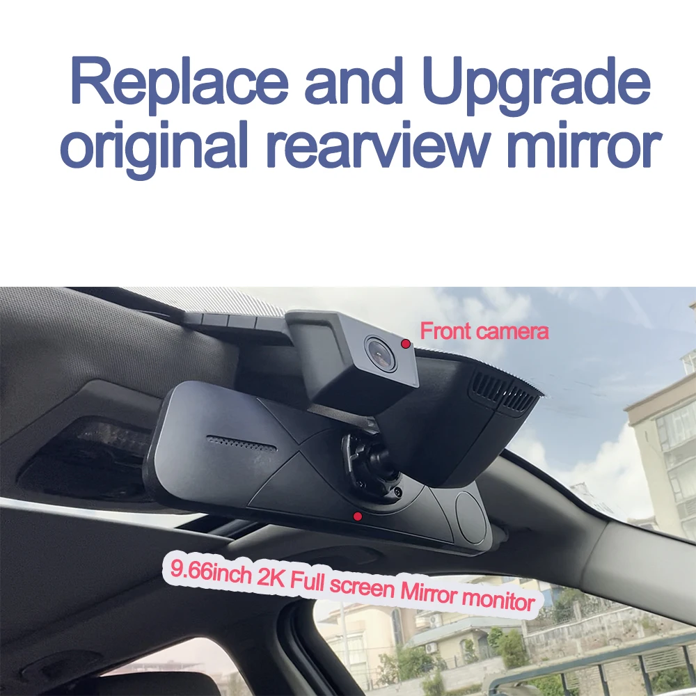Carsanbo 9.66 Inch IPS LCD Full Screen Car Rear View Mirror Monitor with 4K Front View Camera and 1080P Reversing Backup Camera