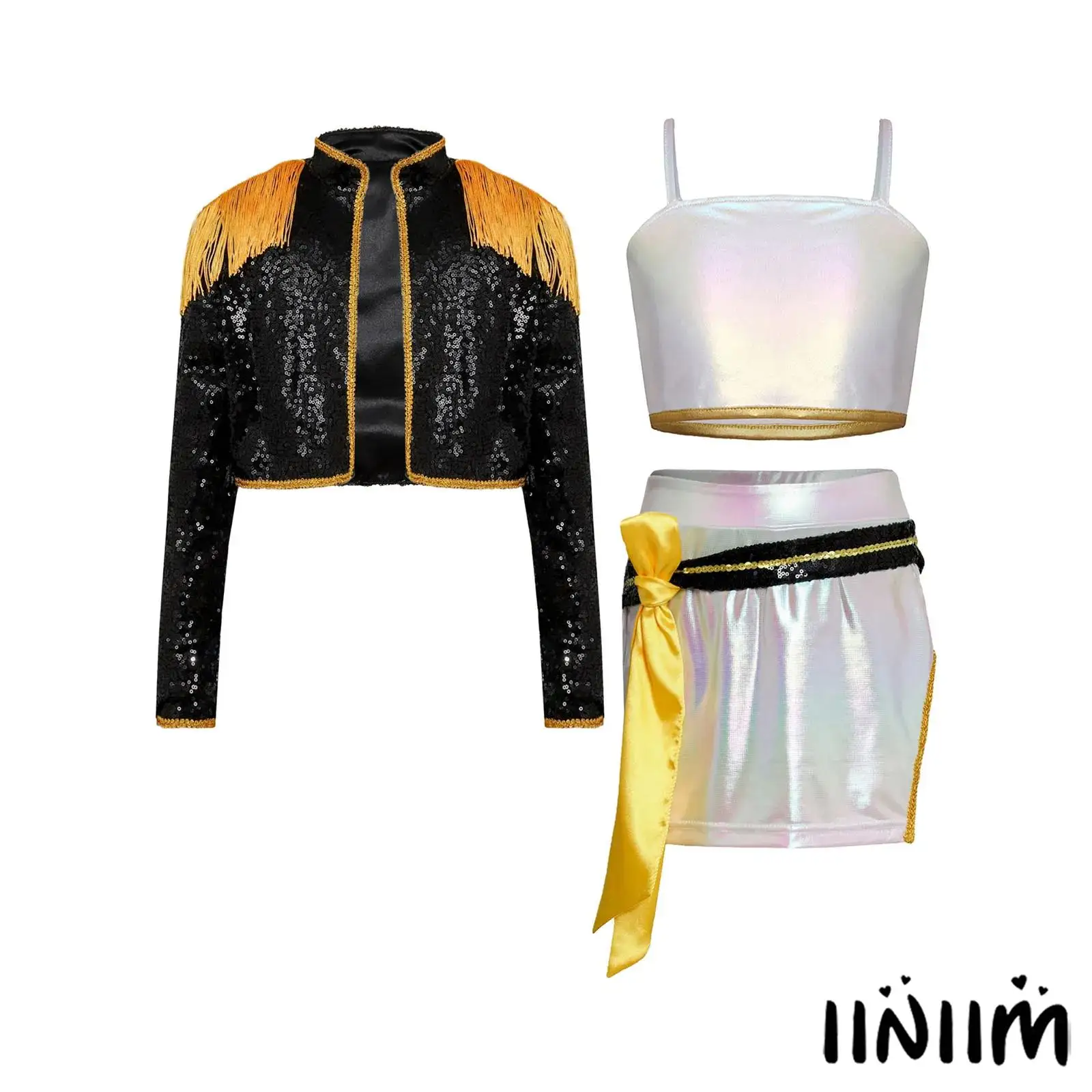 

Kids Girls Fantasy Singer Demon Cosplay Costume Sparkling Sequins Detachable Tassels Outwear Crop Top Skirt Ribbon Halloween Set