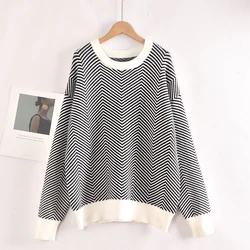 Korean Fashion Stripes Crewneck Tree Knit Womens Sweater Autumn Winter Knitwear Woman Pullovers Top Oversized Female Soft Jumper