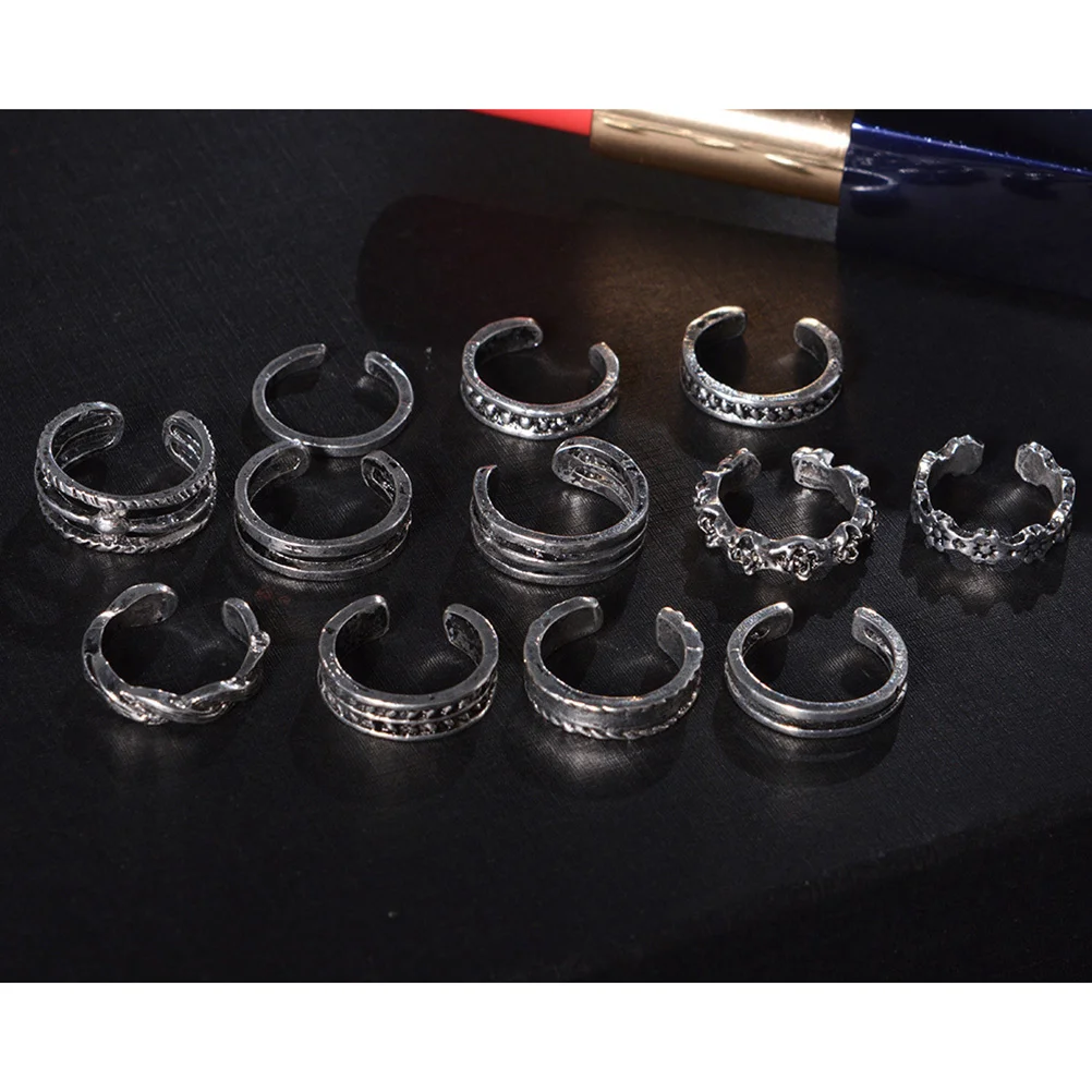 12pcs Fashion Simple Retro Carved Adjustable Toe Ring Foot Women Jewelry (Silver) Women toe ring Foot jewelry