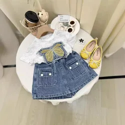 Children's Clothing Sets Butterfly Embroidery Short Sleeve Top + Denim Culottes Baby Outfit Set Girls Clothes for 3 To 7 Years