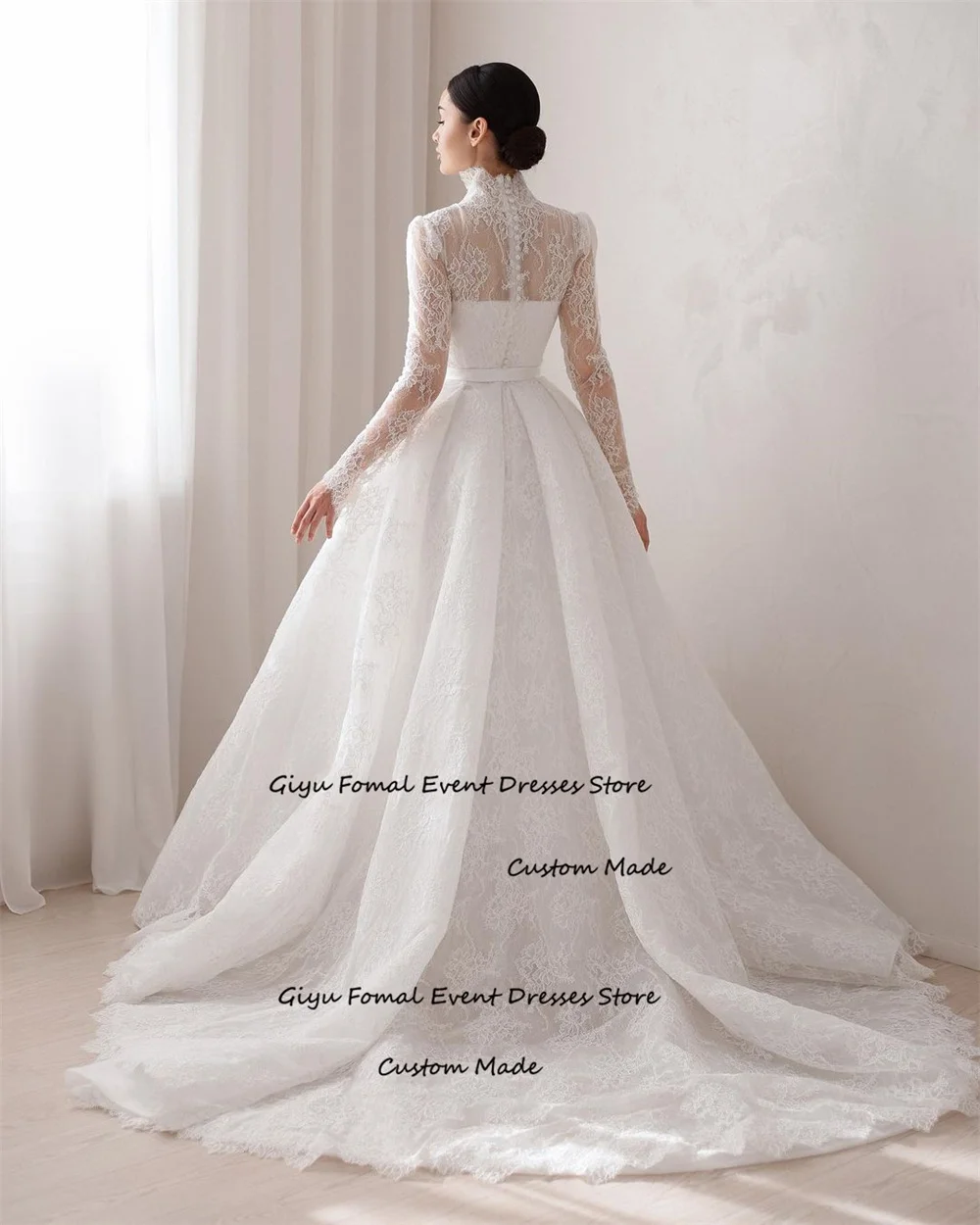 Giyu Elegant Full Lace Followers Wedding Dress For Woman A-line V-Neck Floor-length Vestidos Novias Boda Bridal Gown