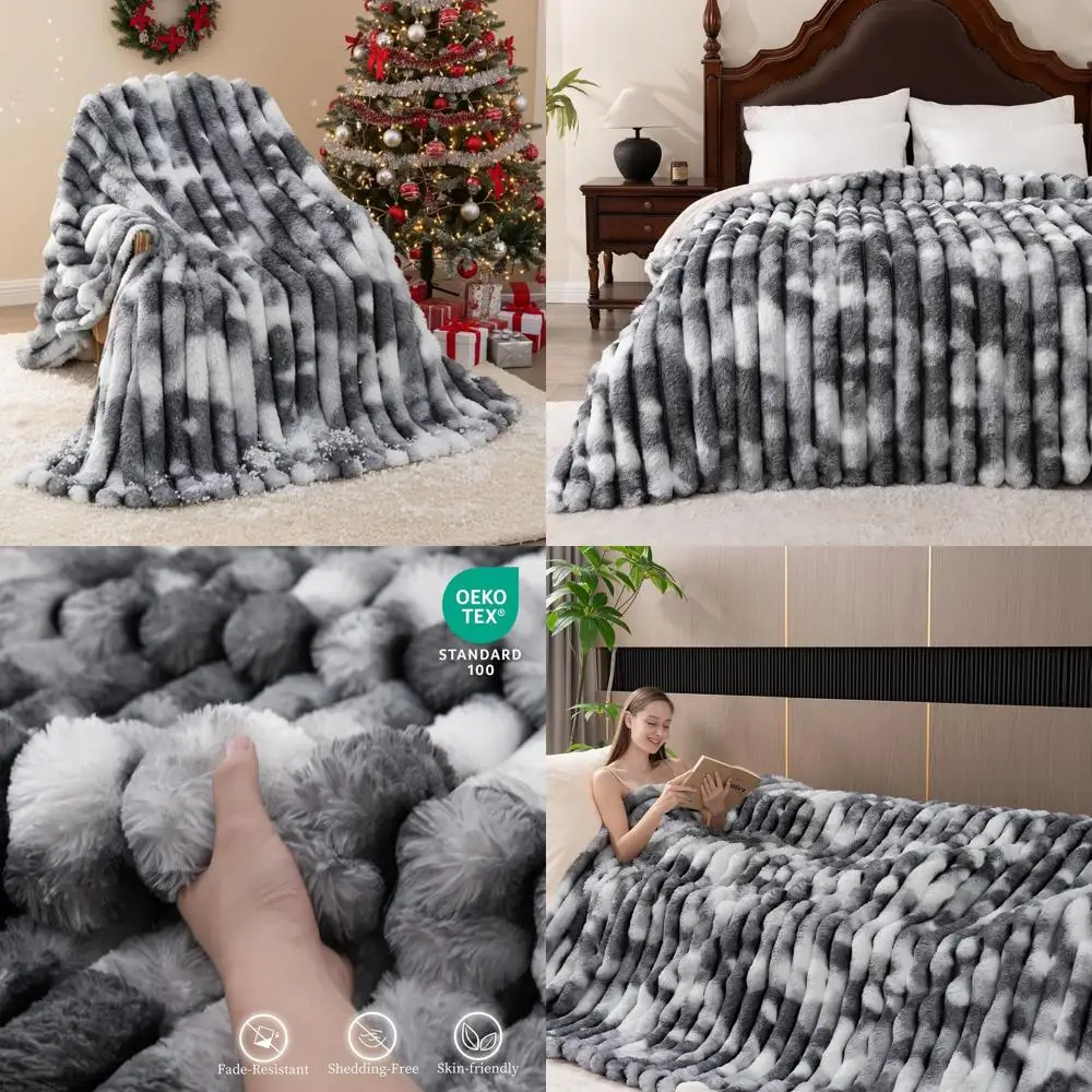 

Grey Faux Rabbit Fur 90 Throw Blanket - Plush Striped Cozy Cover for Sofa, Bed, Living Room, Winter Home Decor
