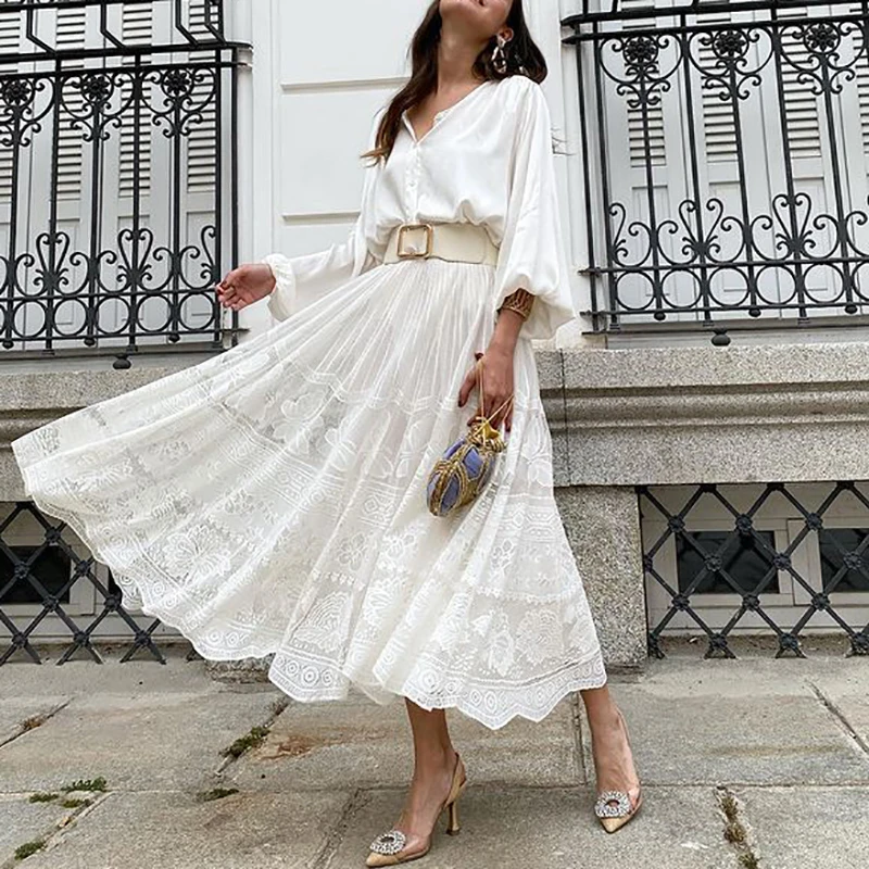 

Elegant Embroidery Lace Swing Long Skirts 2024 Women Fashion Pleated Solid Party Skirt Summer Casual Loose Holiday White Skirts