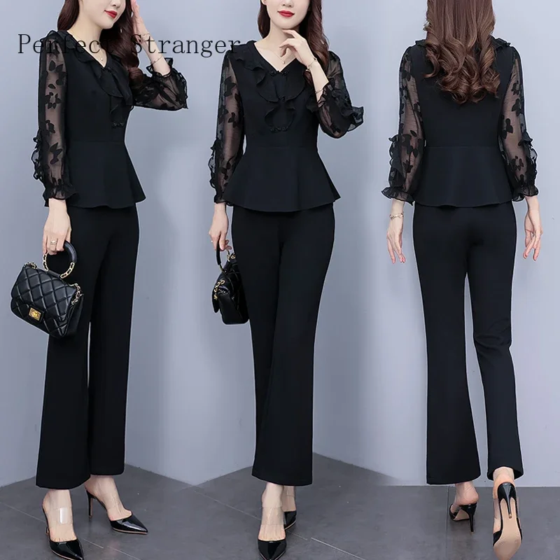 2024 Oversize Patchwork Pant Sets For Women Office Lady Outfits New Casual Elegant Lace Hollow Out Pantsuits High Quality Black