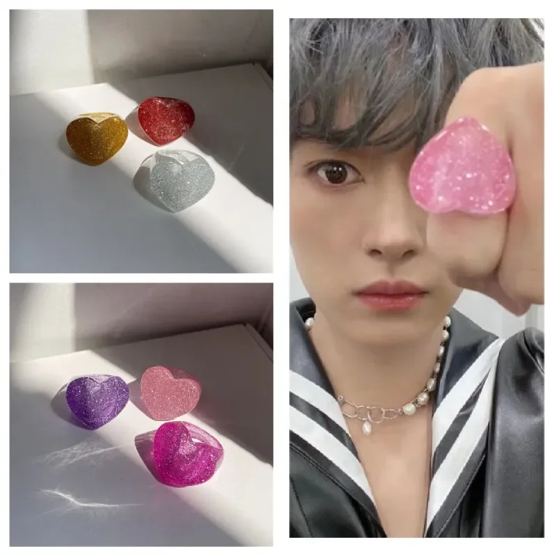 

2024 Korean Wave New LeeNow Pink Love Acrylic Ring 3-Color Set Y2K Style Women's Accessories Fashion Jewelry Fans Gift