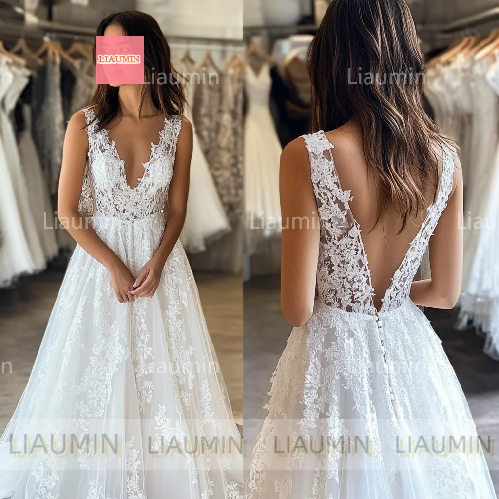 Neues klassisches weißes Tüll-Spitzenapplikations-V-Ausschnitt in voller Länge, rückenfrei, formelles Abendkleid für Hochzeitsanlässe, nach Maß W17-8,8