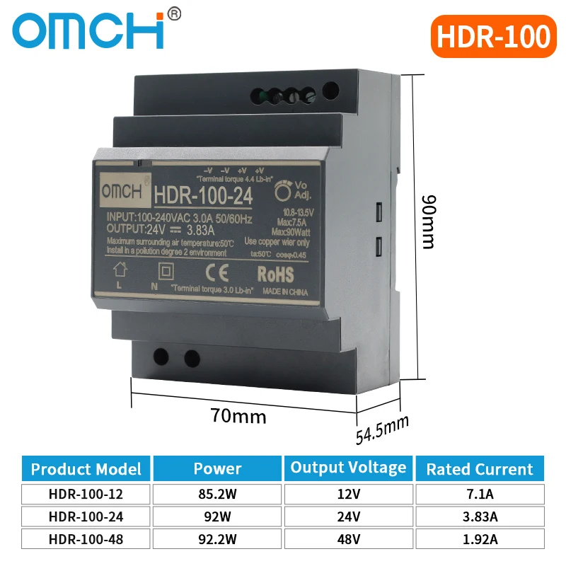 OMCH HDR-Serie DIN-Schienen-Schaltnetzteil HDR-15 100–240 VAC 15 W 30 W 60 W 100 W AC-zu-DC-Spannung 5 V 12 V 24 V 48 V 0–7,1 A SMPS