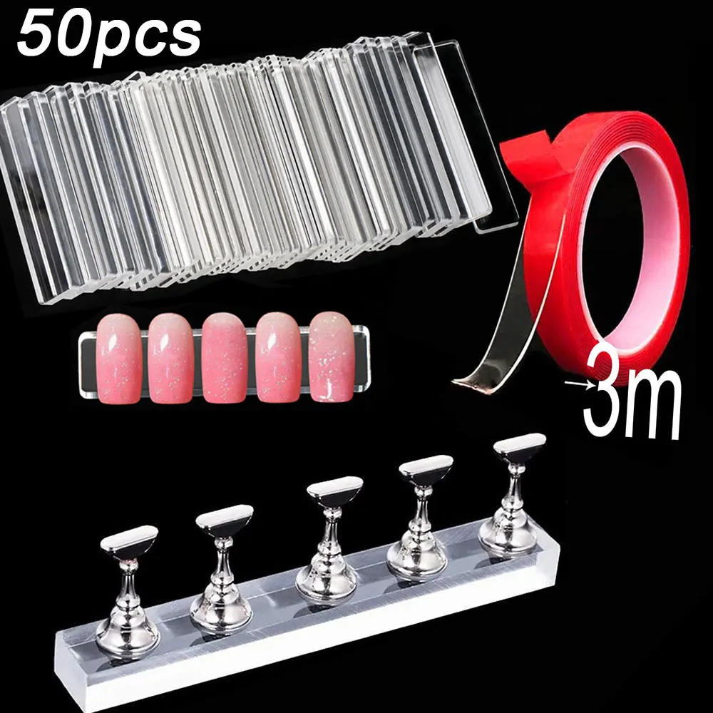 

50 шт. прозрачный акриловый держатель для дизайна ногтей + двусторонняя лента 3 м + 5 шт. серебряной магнитной подставки для ногтей для накладных кончиков ногтей и